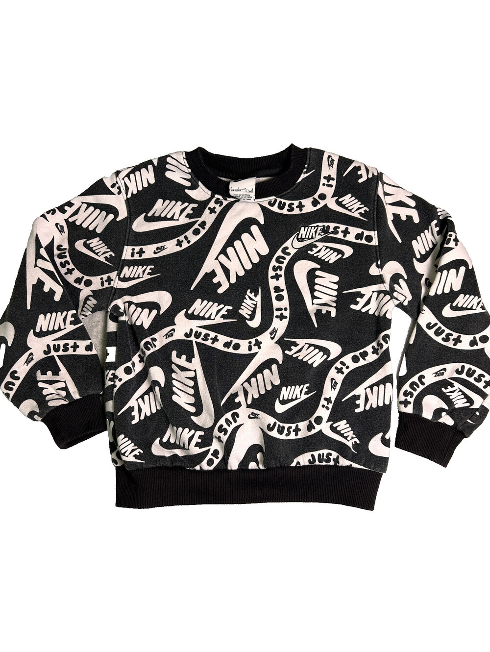 Nike Crew Neck Sweater Kids 6/7 Black White All Over Logo Print Graphic Street